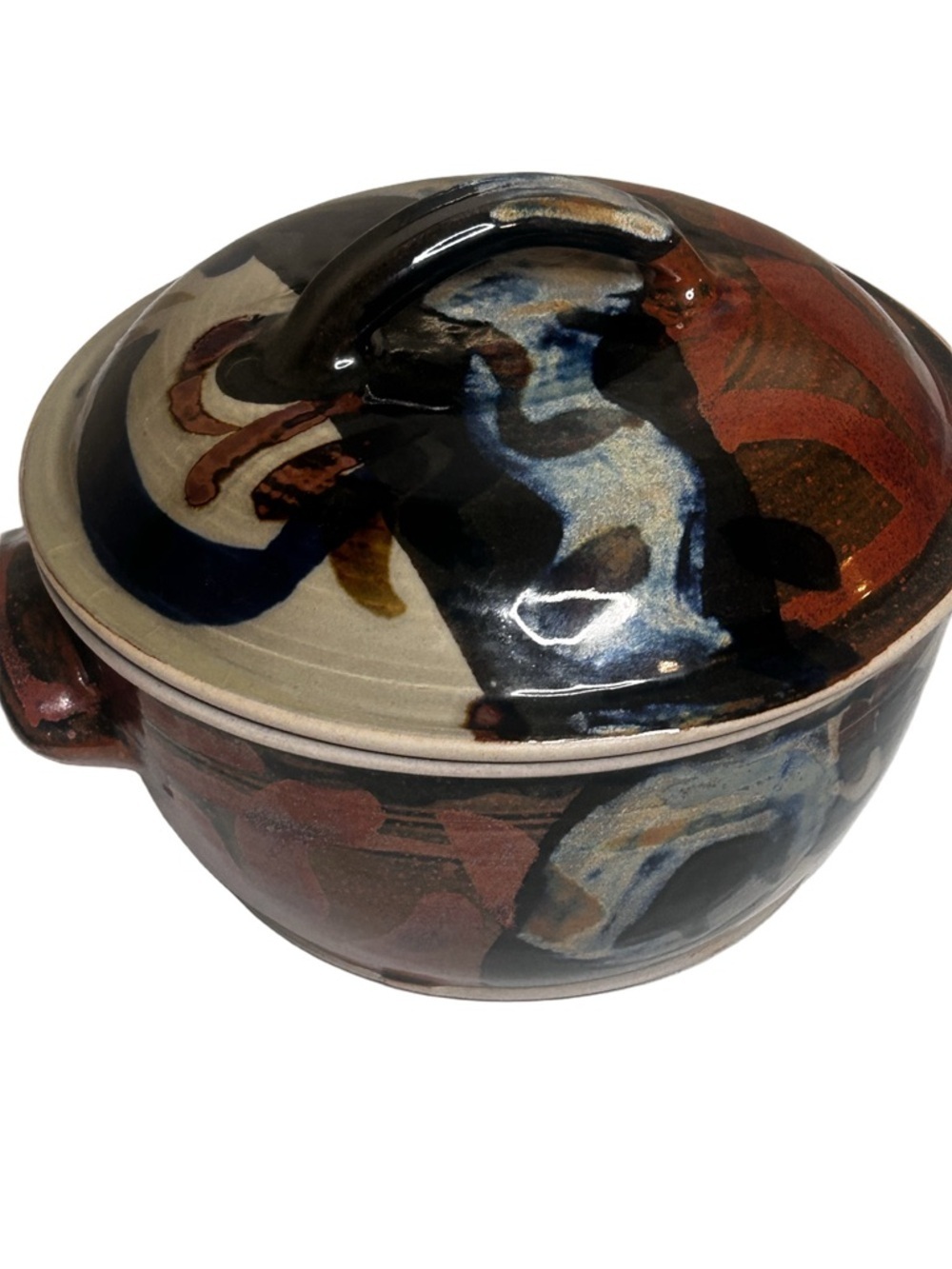 Handmade Ceramic Lidded Casserole Dish Multicolor Glaze Signed B Matzen